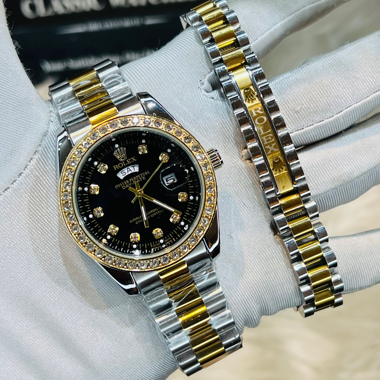 Premium Quality RLX Watches & Bracelet Combo T Stone Black