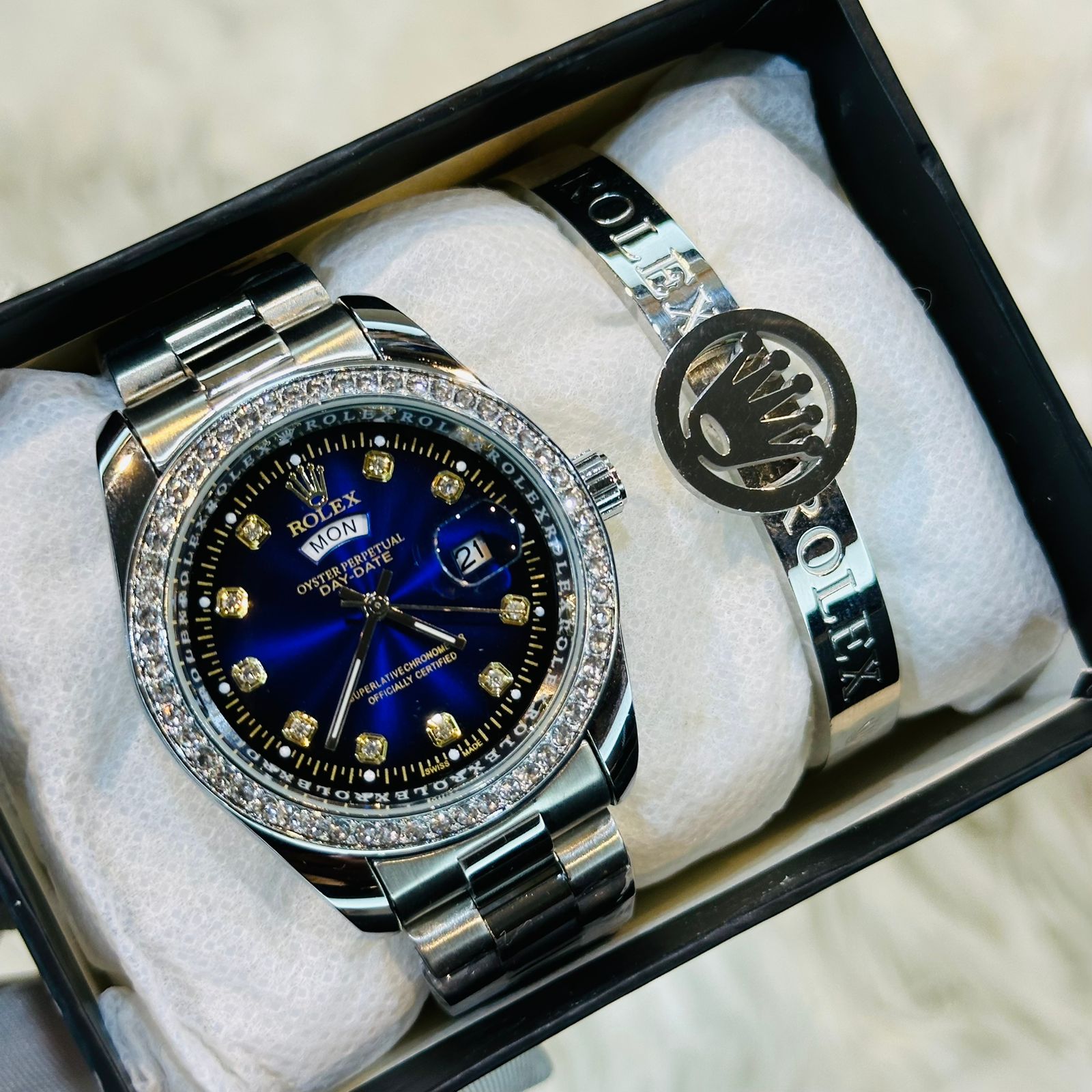 Premium Quality RLX Silver Blue Stone Watches & Ring Bracelet