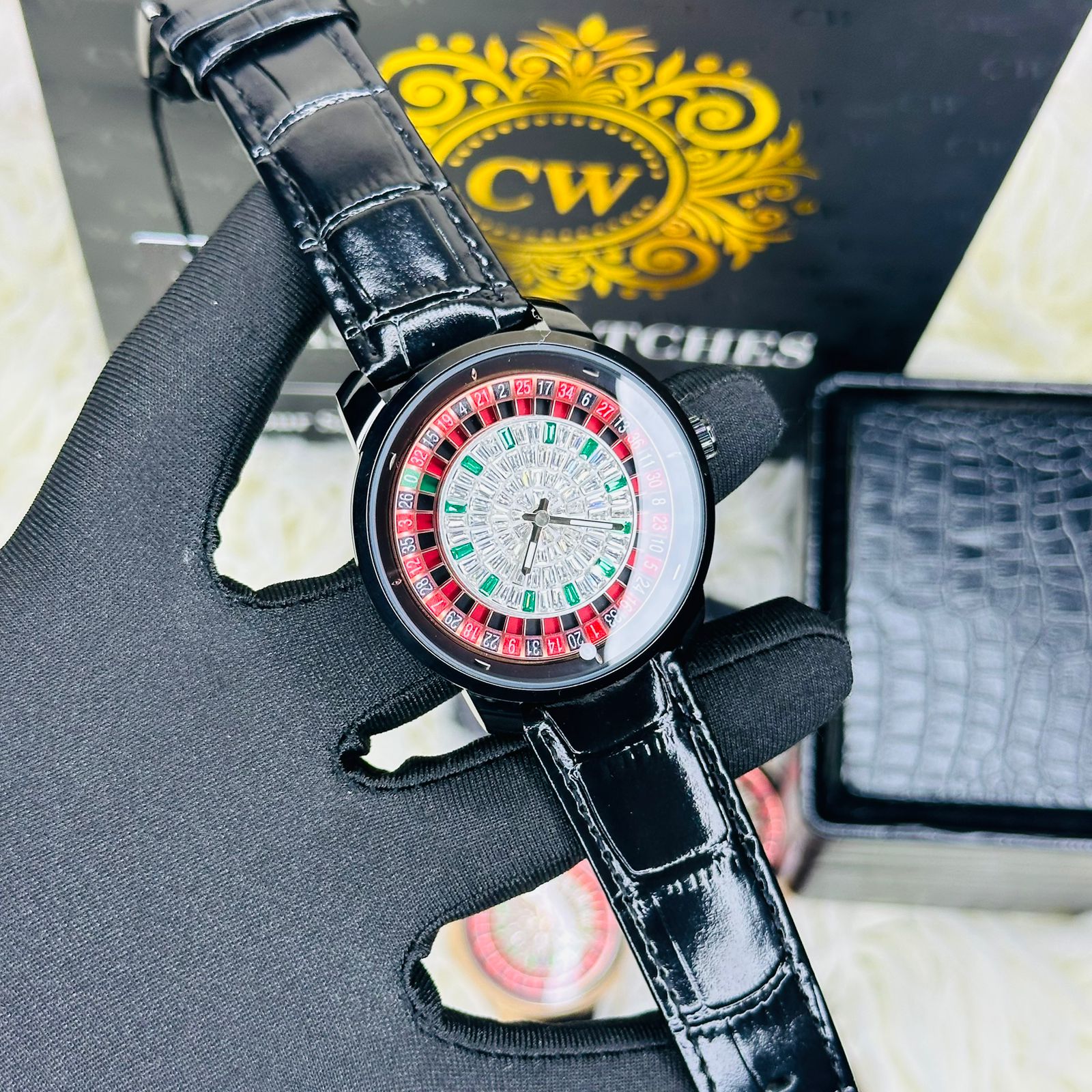 Premium Black Leather Casino Stone Watch Black Body